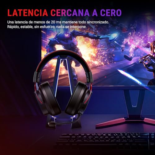 QCY Heroad VT200 Cascos Gaming Inalámbricos para PC/Ps5/Ps4/Switch/Mobile, 7.1 Sonido Envolvente, Auriculares Gaming con 2.4 GHz+Bluetooth 6.0, Duración 130H, Drivers 53mm, RGB -Rojo Negro