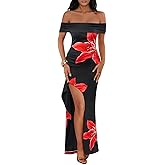 MEROKEETY Women's Floral Off Shoulder Maxi Dresses 2025 Sexy High Split Cocktail Wedding Guest Dress