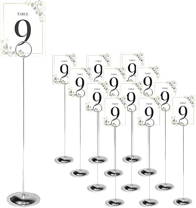 HOHIYA 12 Pcs Table Number Holder Stands 12 Inch Stainless Steel Chrome Silver
