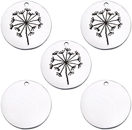 5 Pcs Silver Tone Stainless Steel Dandelion Round Charm Pendant Handmade Stamping Tags 25mm