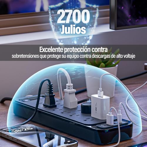KIROGILY Multicontacto Regleta 16 en 1, con Extension Electrica Protector Supresor de Picos Voltaje, 1,8 M, 12 Salidas y 4 USB (2 USB-C), Sleek Socket, Perfecto para Hogar y Oficina
