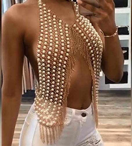 Denifery Fashion and Sexy Body Chain Handmade Pearl Tassel Gold Body Chain Body Accessories for Nightclub