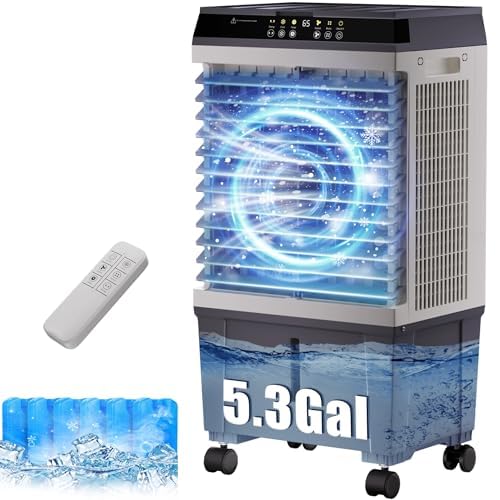 Swamp Cooler,1800CFM Air Cooler with 5.3 Gal Water Tank, 2 Modes 3 Speeds,l,6 Ice Boxes,120°Oscillation,12H Timer, Evaporative Air Cooler for Indoor,Home,Office,Kitchen,Bedroom