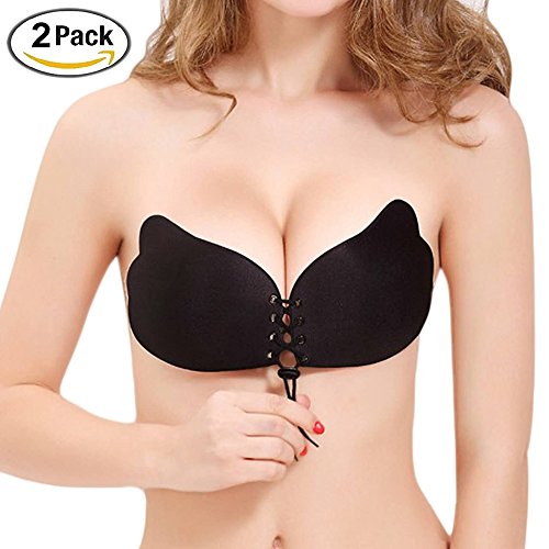 Muryobao Women's Strapless Self Adhesive Silicone Invisible Push-up Bras for Women with Drawstring Pack of 2 Cup Size D