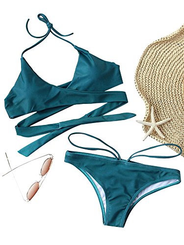 SOLYHUX Women's Halter Wrap Bikini Set Turquoise L