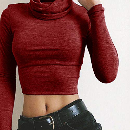 Quartly Womens Solid Long Sleeve Turtleneck Stretch Sexy Bottoming Leotard Tops(Red,L2) - Thumbnail 2