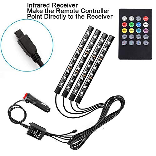 Sanhezhong Car LED Strip Light, 4pcs 36 LED DC 12V Multicolor Music Car Interior Light LED Under Dash Lighting Kit with Sound Active Function & Wireless Remote Control, Car Charger - Thumbnail 4