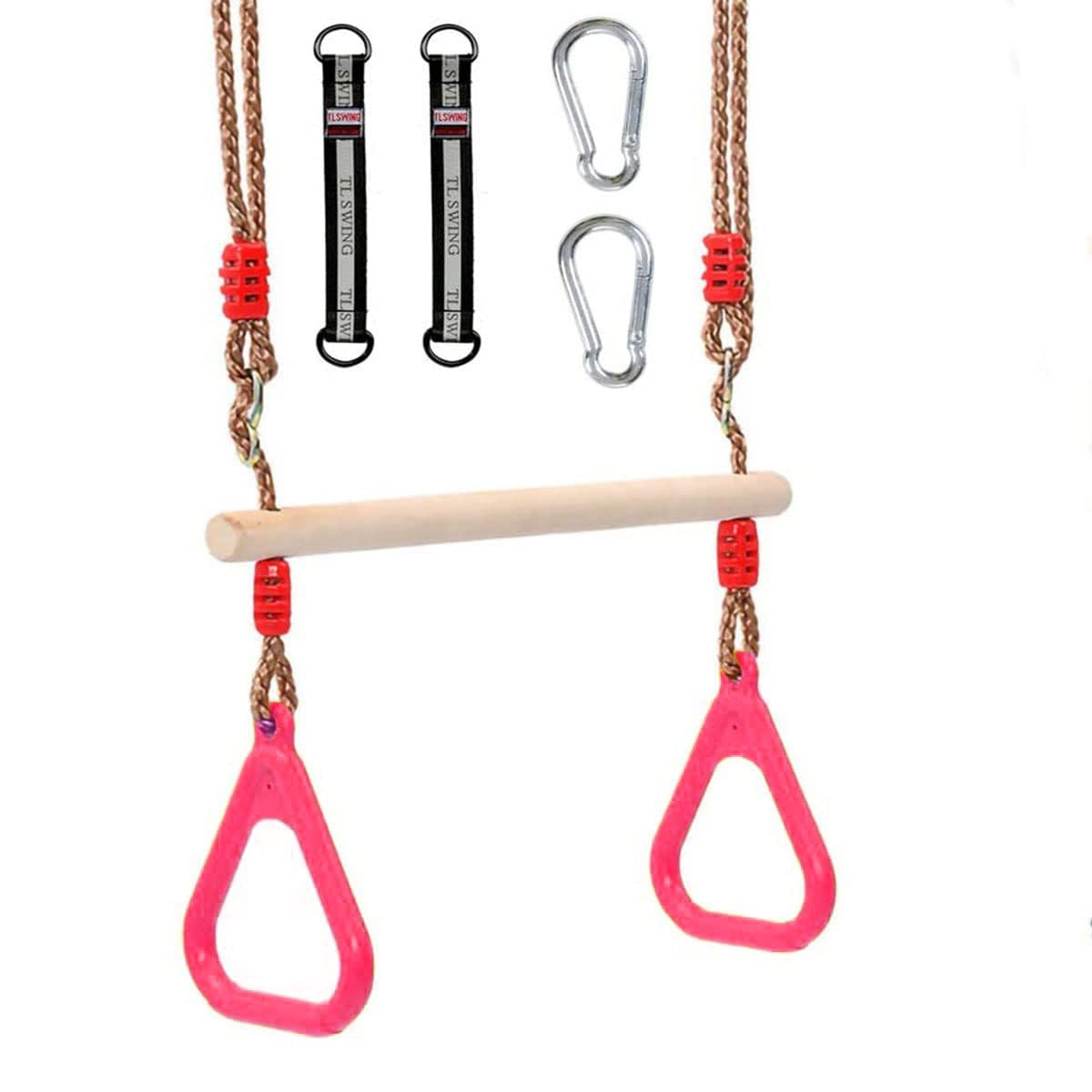 Trapeze bar,Morwealth Multifunctional Children's Wooden Trapeze Swing with Plastic Rings Gymnastics Rings for Hanging Up to 120 kg for Indoor and Outdoor Use (Pink)