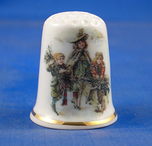 Porcelain China Collectable Thimble -- Christmas Victorian Children in Winter with Free Gift Box