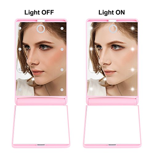 Travel Makeup Mirror with 8 Dimmable Led Lights,Compact Portable Touch Switch Mirrors,Fcebsty LED Lighted Pocket Mirror ,2 x magnifying(PINK) - Thumbnail 4