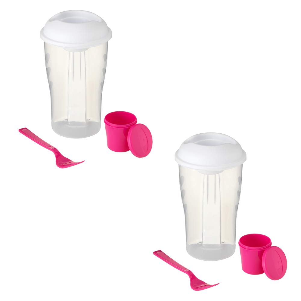 eBuyGB 900 ml Salad to Go Lunch Box Container With matching Fork and Separate Dressing Pot, Pack of 2 (Fuchsia)
