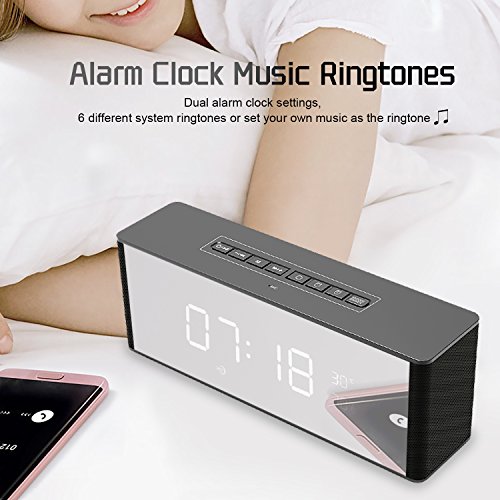Wireless Bluetooth Speaker with Alarm Clock, Portable Stereo Speaker, Dual Alarm Clock Gray Bedside, Built-in Mic, LED Nightstand Clock and Large LED Dimmable Display
