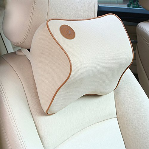 Muhoop Car Neck Pillow Memory Foam Pillow Driving Comfortable and Soft Premium Car Seat Head Pillow with Elastic Strap in Travel/Office/Car (beige)