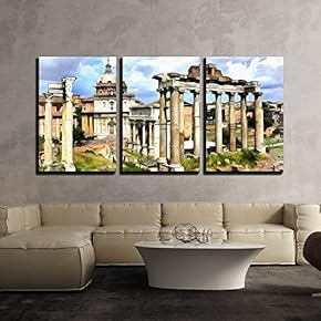 3 Piece Canvas Wall Art - Colorful Painting of Temple of Saturn - Modern Home Art Stretched and Framed Ready to Hang - 16"x24"x3 Panels