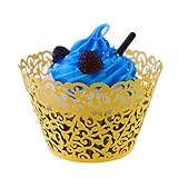 UNIQLED Filigree Artistic Bake Cake Paper Cups Little Vine Lace Laser Cut Liner Cupcake Wrappers Baking Cup Muffin Holder Case for Wedding Birthday Party Decoration (60, Gold)