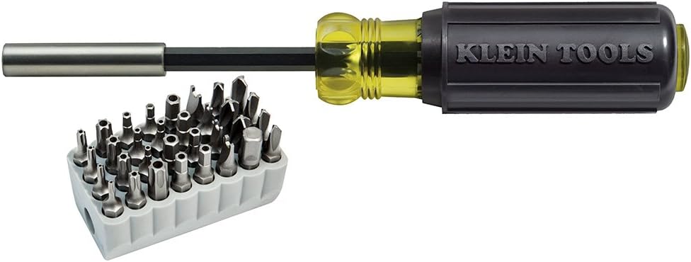 Klein Tools 32510 Magnetic Multibit Screwdriver with Sturdy Torx, Hex, Spanner, Tri-Wing, Torq and Nut Tamperproof Bits and Storage Block - - 