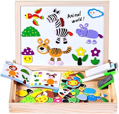 Wooden magnetic Easel, Magnetic Jigsaw Double Side Board Dry Erase Board Puzzle Games Toys for Kids Toys for Boys Girls Minto Toy (animals)