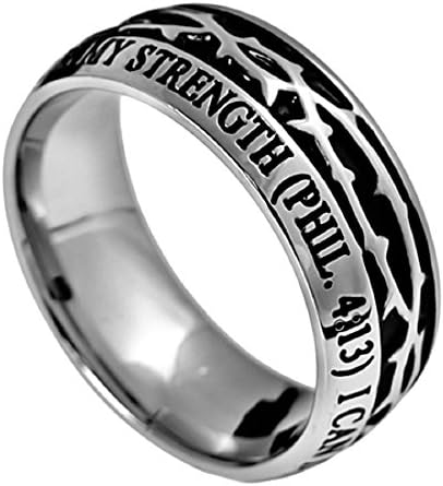 Stainless Steel Christ My Strength Crown of Thorns Ring Silver with Scripture Phil. 4:13