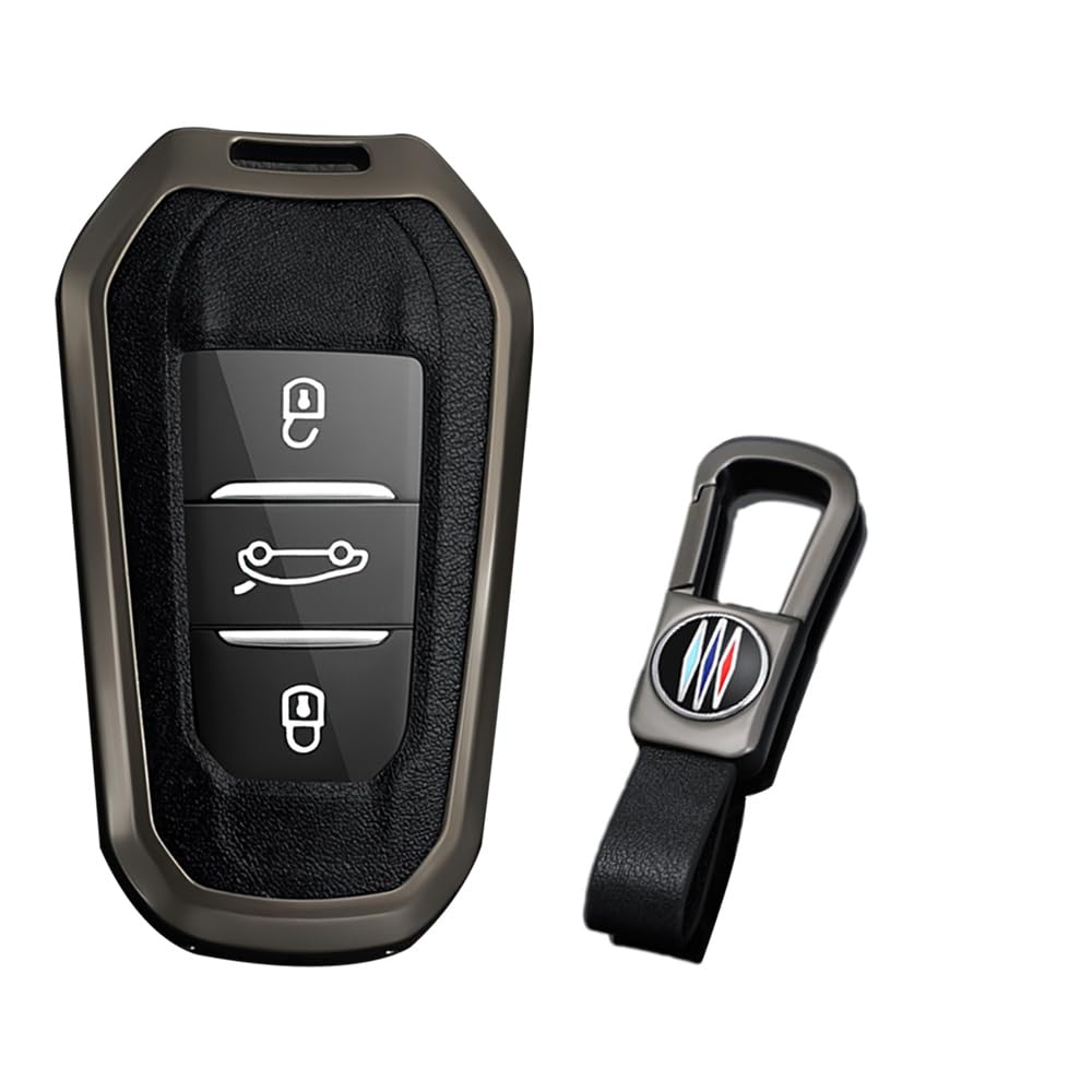 KUNIO Keyless Key Case, Zinc & Leather, B Black - Fits Peugeot 3008 5008 2008 308 508 208, Opel Grandland X Astra L, Citroen C3 C4 DS5 DS7, All-inclusive Protection