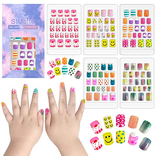112pcs 5 Pack Children Nails Press on Pre-glue Full Cover Glitter Gradient Color Rainbow Short False Nail Kits Great Gift for Kids Little Girls