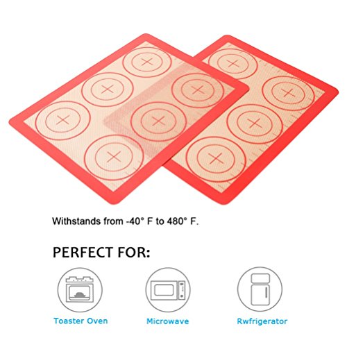 Silicone Baking Mat Set - 2 Pack Non-Stick Silicon Liner for Bake Pans & Rolling with Measurements, Heat Resistant Cookie Sheets for Macaroon/Pastry/Cookie (12" x 9", Red) - Thumbnail 4