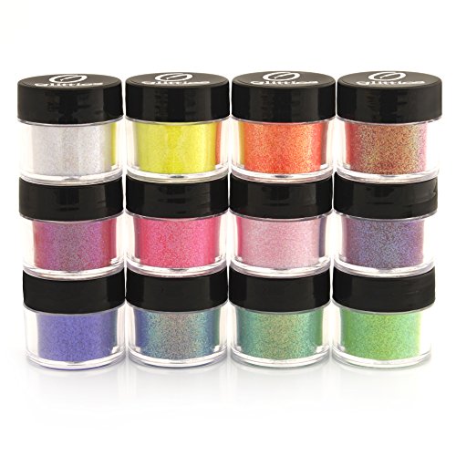 GLITTIES - (12PK) - (.008") - Iridescent Fine Glitter Powder Kit - Nail Art, Polish, Gels, Crafts, Paints & Acrylics Supplies Cosmetic Grade for Body Tattoos, Makeup, Face, Hair, Lips! - (120 Gram)