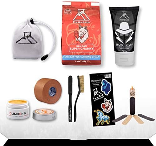 Friction Labs All-in-One Rock Climbing Essentials Bundle | Bam Bam Loose Climbing Chalk, Chalk Ball, Liquid Chalk, Hand Repair Salve, Callus File, Climbing Brush, Finger Tape, Sticker Sheet