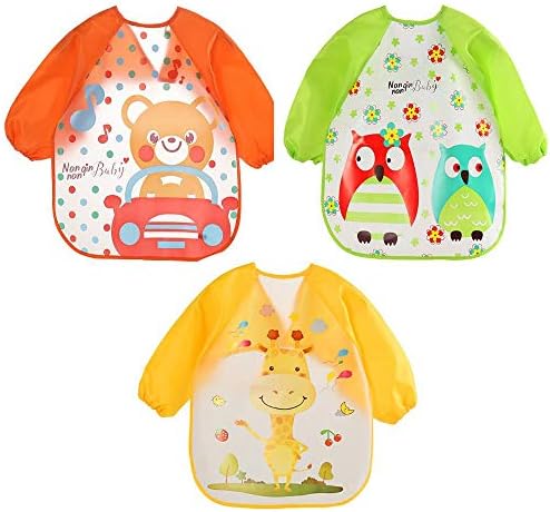 Wadila Baby Bibs with Long Sleeve, 3 Pack Unisex Waterproof EVA Bibs Feeding Arts Painting Baby Bibs Apron for Infants Toddlers 6 Months to 3 Years Old
