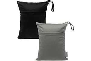 babeine Wet Dry Bags 2 Pack for Baby Cloth Diapers, Waterproof Reusable with Two Zippered Pockets Travel Beach Pool Soiled Baby Items Yoga Gym Bag for Swimsuits or Wet Clothes (grey and black)