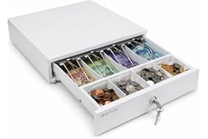 Syson White 13" Automatic Cash Drawer with Removable Coin Tray 4 Bill/ 4 Coin, RJ11 Cable, 2 Keys, Compatible POS Receipt Pri