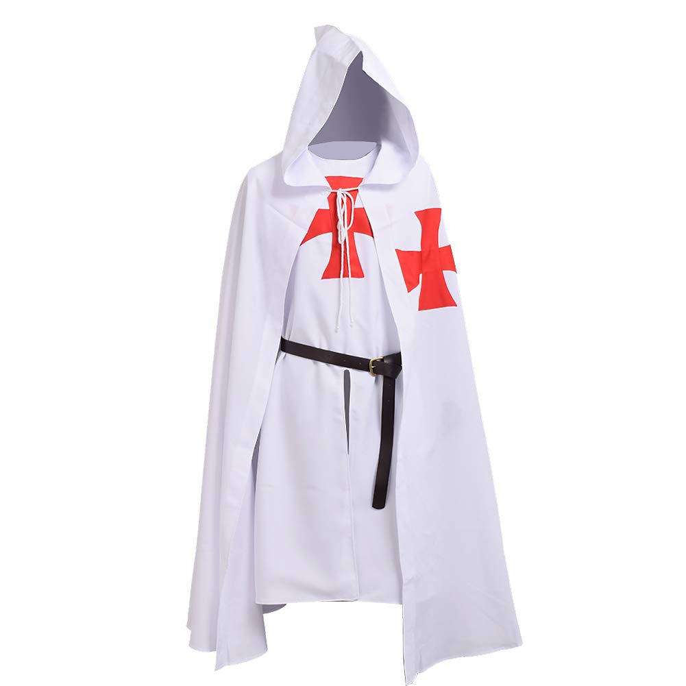 BLESSUME Medieval Templar Knights Costume Tunic with Cloak and Belt (White1) — image 1