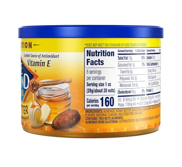 BLUE DIAMOND ALMONDS, SNACK NUT FLAVORED HONEY BUTTER PERFECT FOR ON-THE-GO AND SNACKING, 6 OUNCE CAN