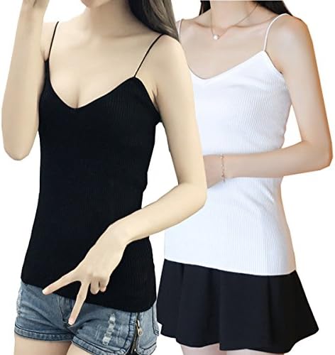 Women’s Slimming Camis Fitted Elasticity V Neck Tank Top with Spaghetti Straps 2-PACK (Free Size, Black/White)