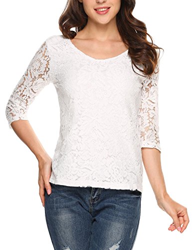 Zeagoo Women's Sexy V Neck Floral Lace 3/4 Sleeve Shirt Tops (M, White)