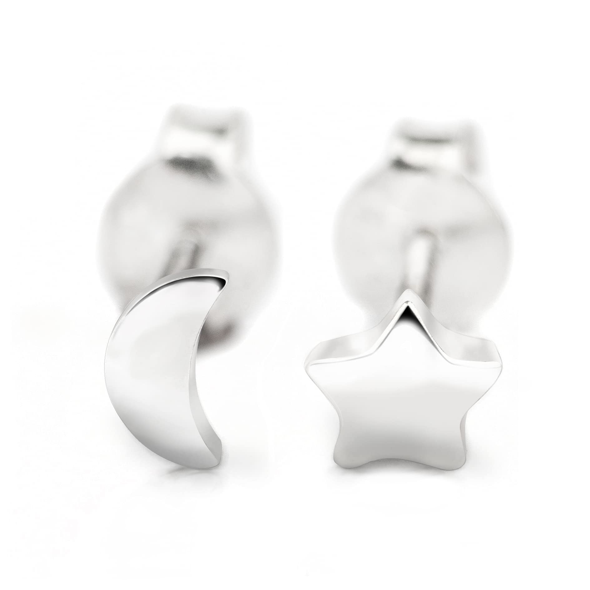 Moon and Star Stud Earrings in 925 Sterling Silver