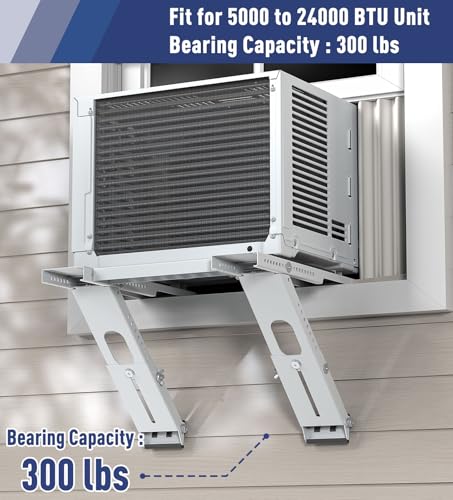 No Drilling Window AC Support Bracket, Adjustable Support Fits Single & Double-Hung Windows, Air Conditioner Holder Bracket Heavy Duty Steel Holds Up to 300lbs, for 5000-24000 BTU Units