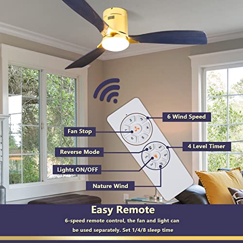 Low Profile Ceiling Fan With Light, Exbrite, 52 inch Flush Mount