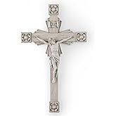 BC Catholic Crucifix Wall Cross, Jesus Christ Home Decor, Wood Carve Looking, Religious Gift, Grey White Finish, 12"H, Hand Painted by Buildclassic