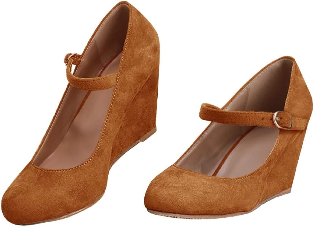 Syktkmx Womens Mary Jane Wedges Pumps Ankle Strap Closed Toe Heeled Walking Work Shoes