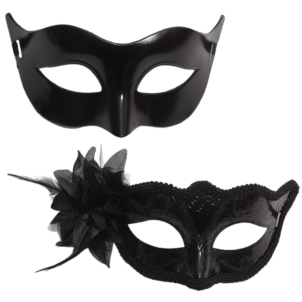 WFKKMEQ Masquerade Mask Couples Set, 2PCS Venetian Party Mask Masque Costume Dress Party Accessories Cosplay Venetian Masks Fancy Dress Accessories for ​Masquerade Venetian Carnival Dress(Black)