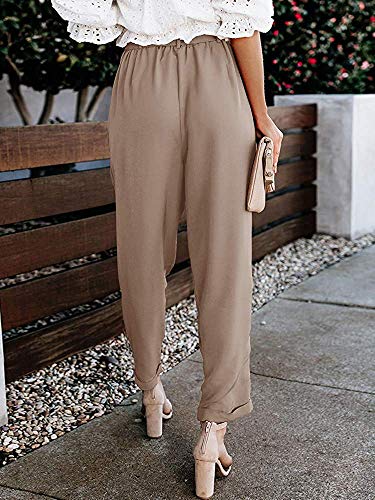 NEWFANGLE Women Paper Bag Pants Elastic High Waist Slim Casual Long Pants Cropped with Pockets,Khaki,M
