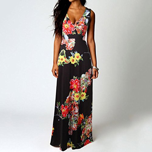 Women's Summer Boho V Neck Sleeveless Floral Print Tank Long Maxi Dress (Black 1, M)