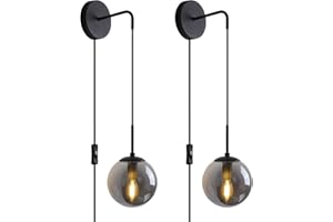 KUZZULL Wall Sconces Set of Two Matte Black Wall Lights for Bedroom Plug in Wall Sconces Set of 2 with Globe Smoke Grey Glass Shade Wall Lamp with Plug in Cord Sconces Wall Decor Set of 2 with Switch