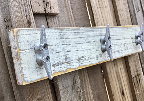 Nautical Distressed White over Gray Boat Cleat Coat Rack, Towel Rack, Hat Rack, Book Bag Rack, or Key Rack