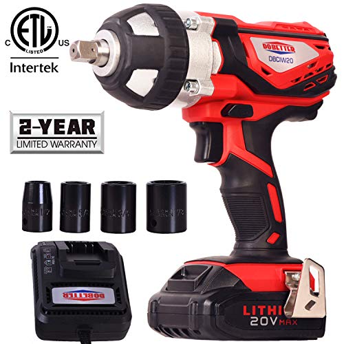 Cordless Impact Wrench 1/2" Max Torque 300N.m Compact Battery Impact Wrench with 4Pcs Sockets, 1.5A Li-ion Battery and Fast Charger, Dobetter-DBCIW20