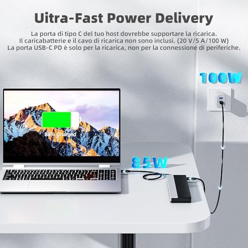Docking station USB-C 3 monitor, docking station con HDMI, DP, VGA, 100W PD, USB3.0&2.0, RJ45, slot SD/TF, audio/microfono, per Lenovo/HP/Dell ecc. - Grigio