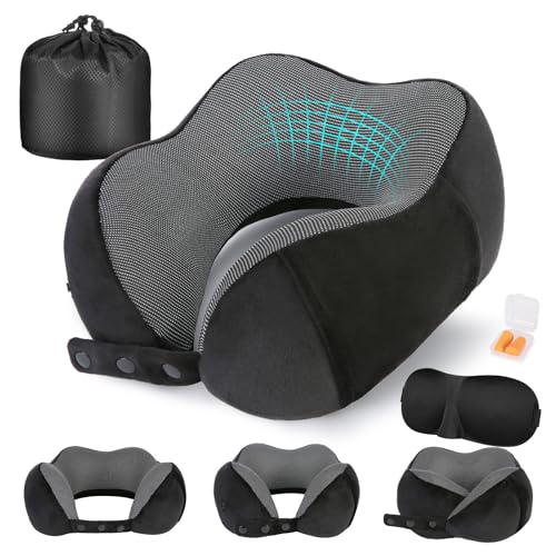 Cirorld Neck Pillow for Traveling, Travel Pillows for Airplanes,100% Pure Memory Foam Travel Neck Pillow, Adjustable Flight Pillow, Portable Plane Accessories with Eye Mask, Earplugs, Carry Bag
