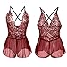 NINGMI Deep-V Lace Babydoll Lingerie Perspective Nightwear Sexy Chemises,Red,Medium