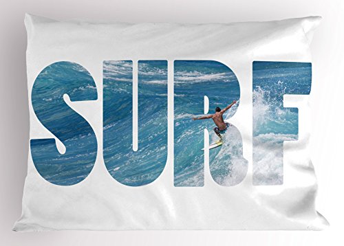 Lunarable Surf Pillow Sham, Surfer Riding Giant Majestic Ocean Wave in Hawaii Adrenalin Epic Athlete Sea Pacific, Decorative Standard Size Printed Pillowcase, 26 X 20 Inches, Blue White