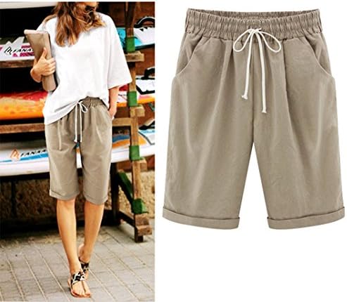 blingdeals Women's Plus Size Knee-Length Shorts Elastic Waist Shorts Khaki 3XL
